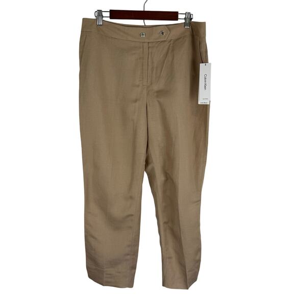 CALVIN KLEIN LINEN FLAT FRONT STRAIGHT LEG TROUSERS IN TAN NWT WOMEN'S SIZE 14P - Picture 2 of 16
